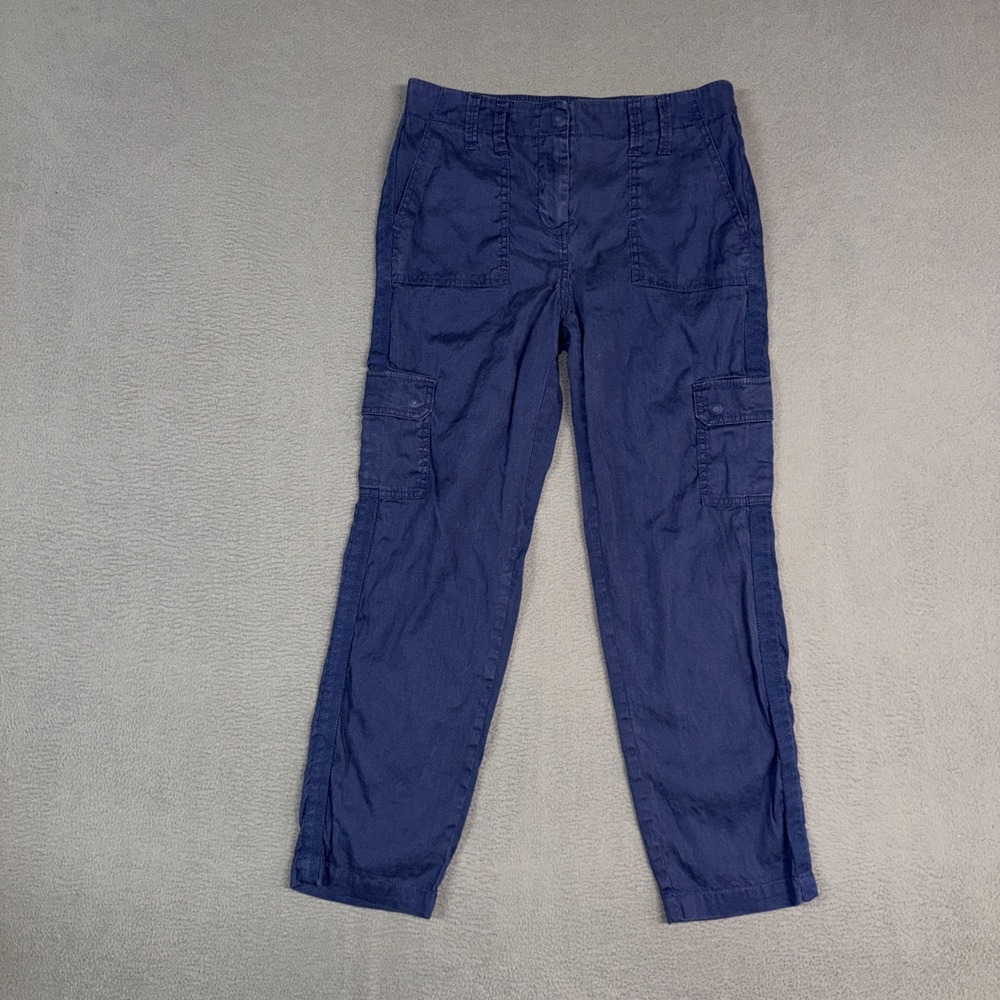Chicos Cargo Pants Womens 00 / 2 Blue Straight Crop Stretch Elastic Linen Blend